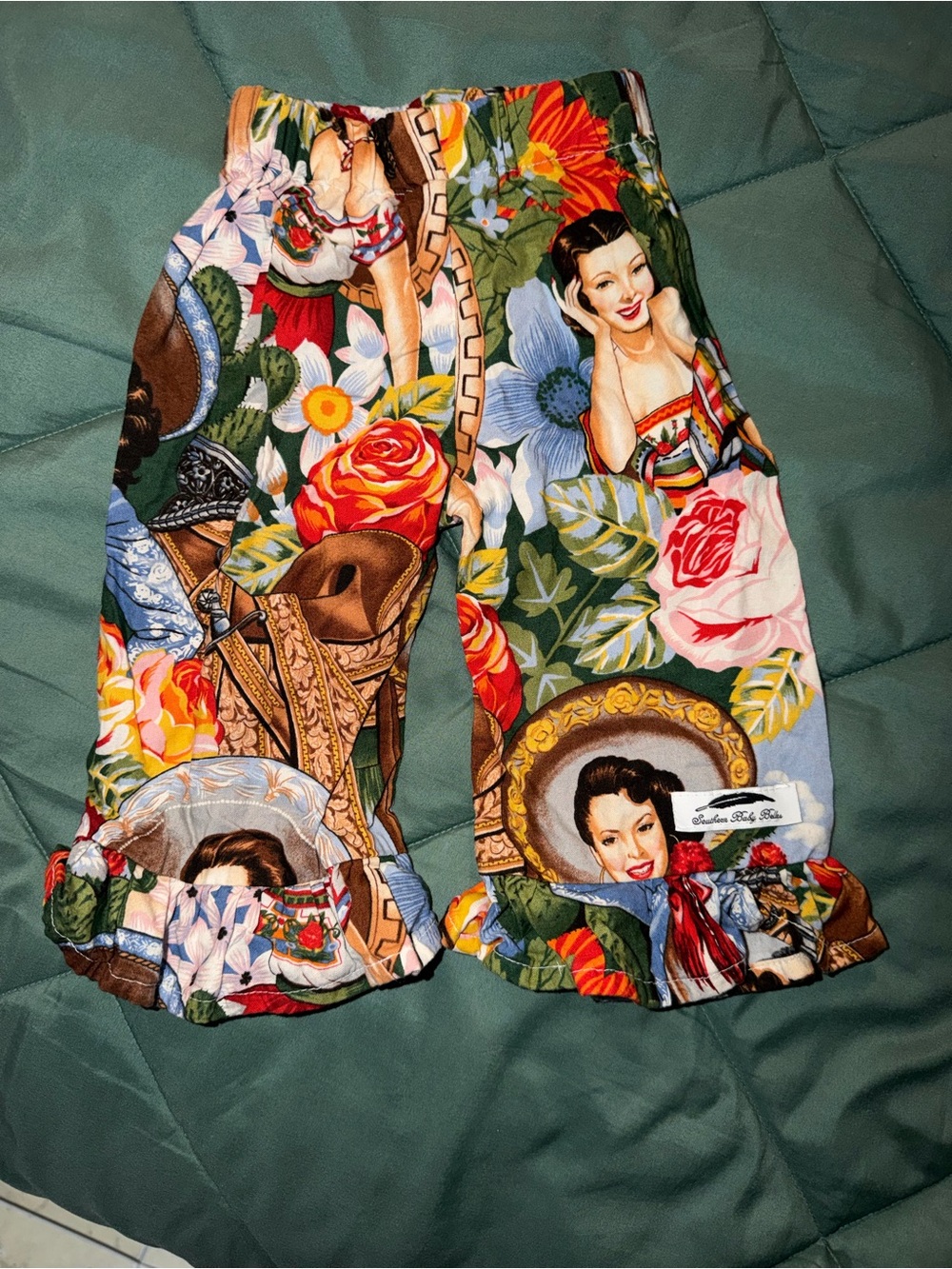 Girls Floral & Portrait Print Ruffle Hem Pants - Multi-Color